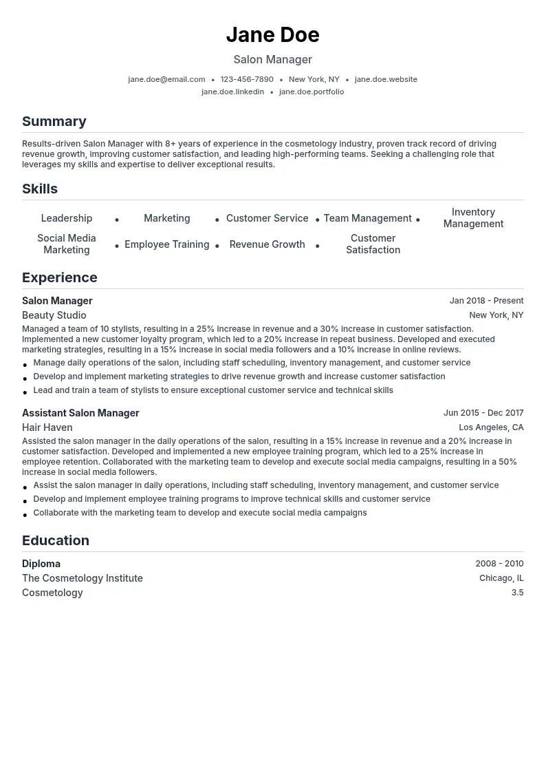 Salon Manager resume example