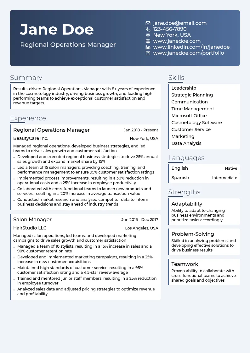 Regional Operations Manager resume example