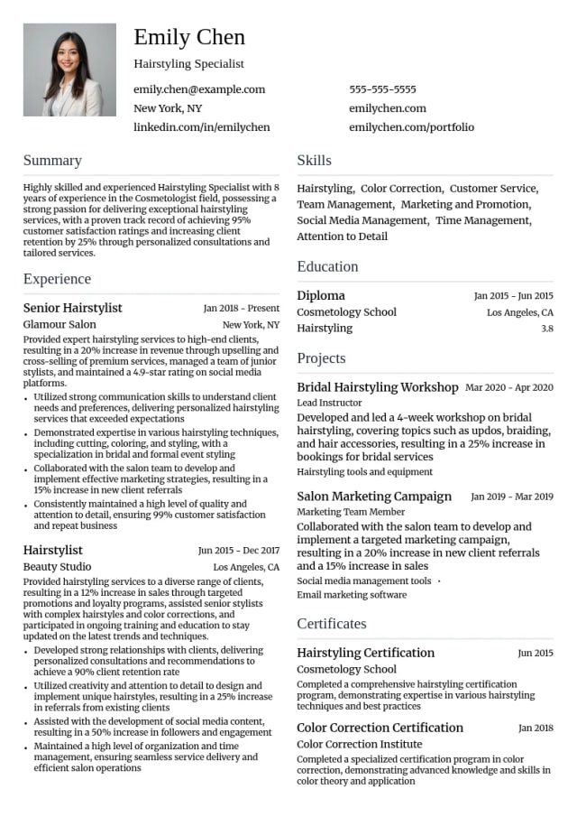 Hairstyling Specialist resume example