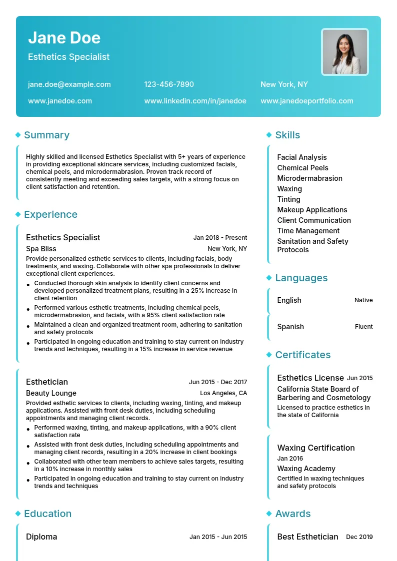 Esthetics Specialist resume example