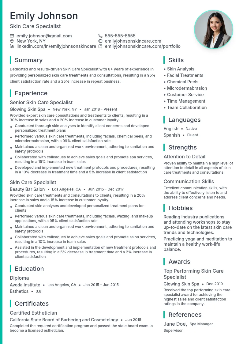 Skin Care Specialist resume example