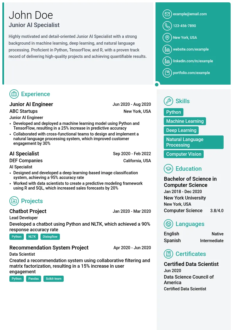 Junior AI Specialist resume example