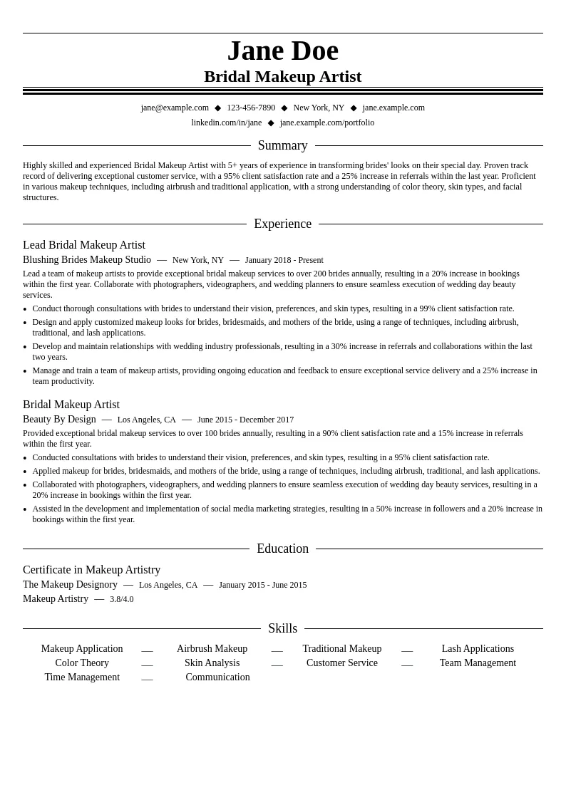 Bridal Makeup Artist resume example