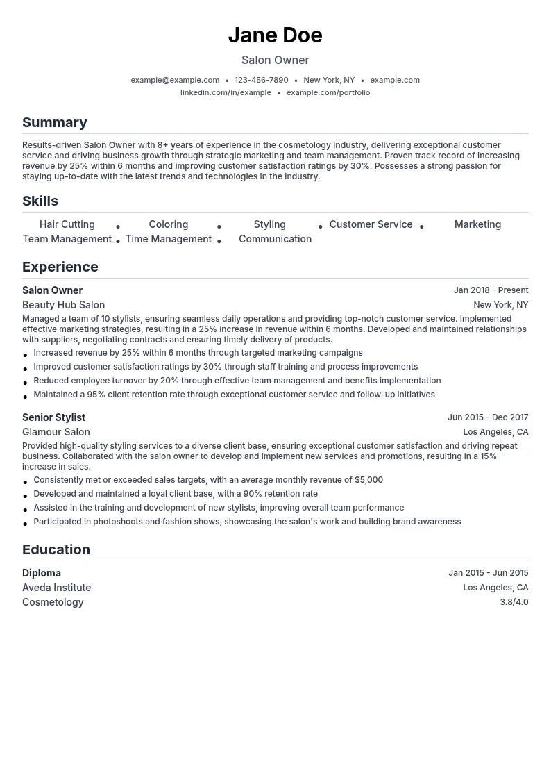 Salon Owner resume example