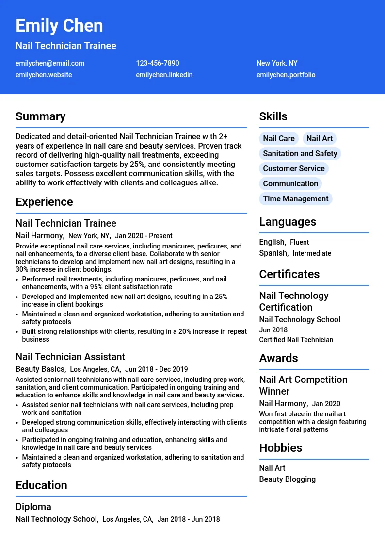 Nail Technician Trainee resume example