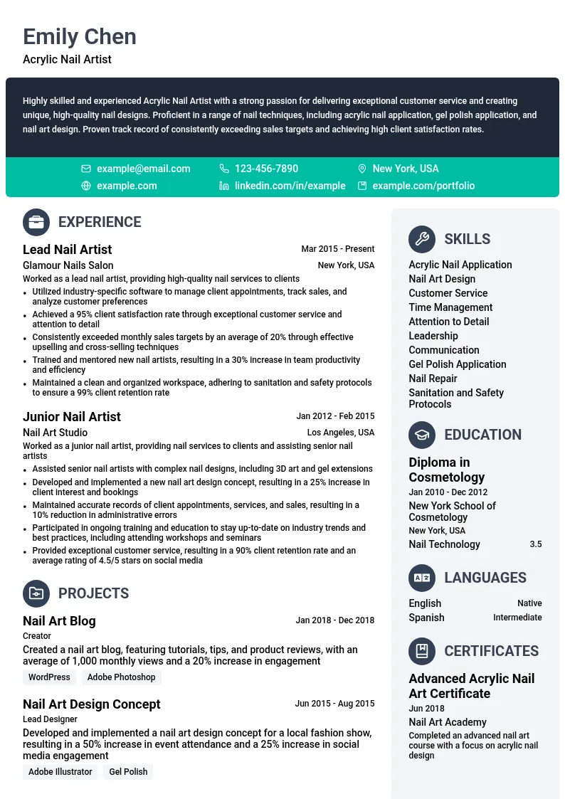 Acrylic Nail Artist resume example