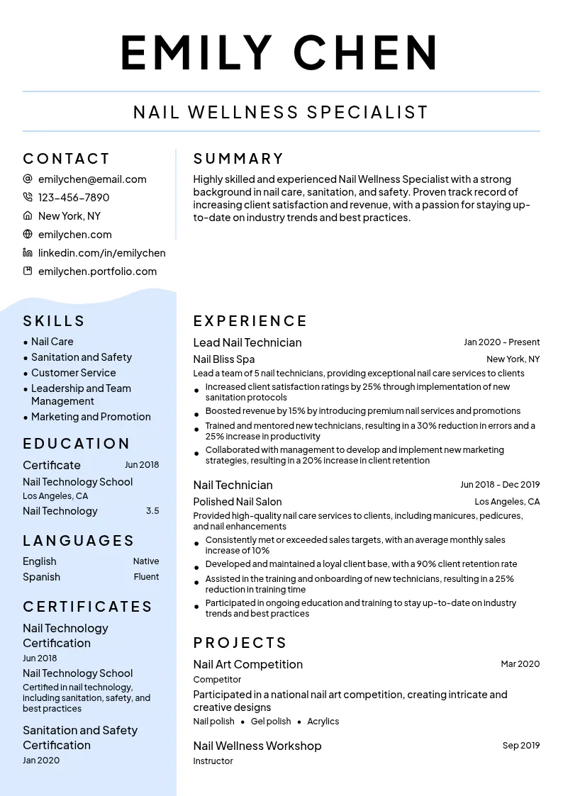 Nail Wellness Specialist resume example