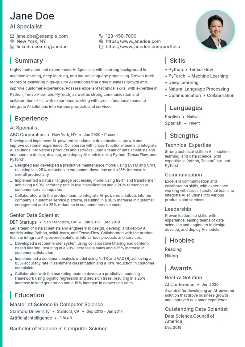 AI Specialist resume example