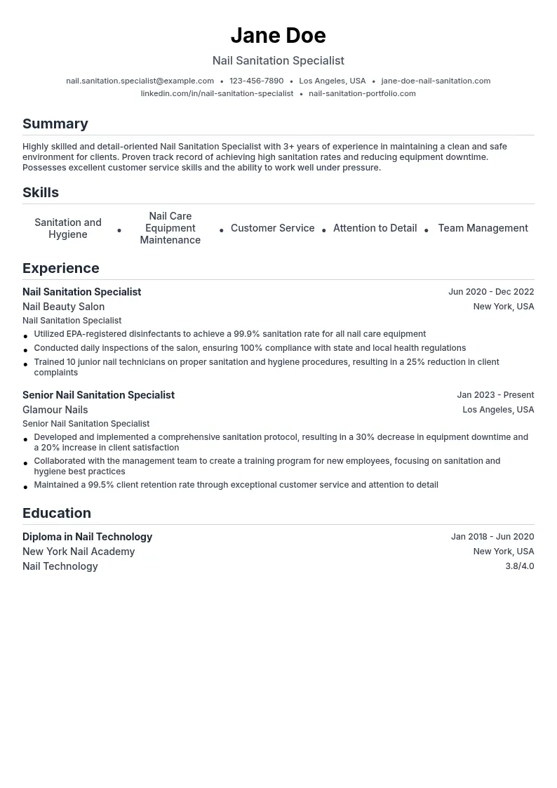 Nail Sanitation Specialist resume example