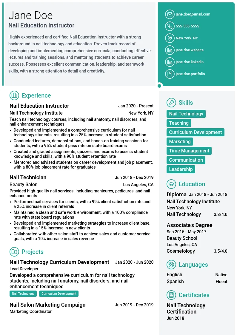Nail Education Instructor resume example
