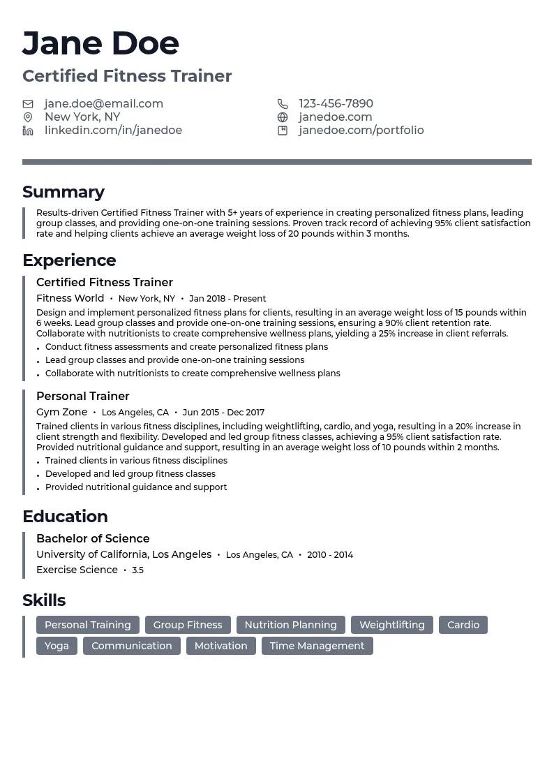 Certified Fitness Trainer resume example