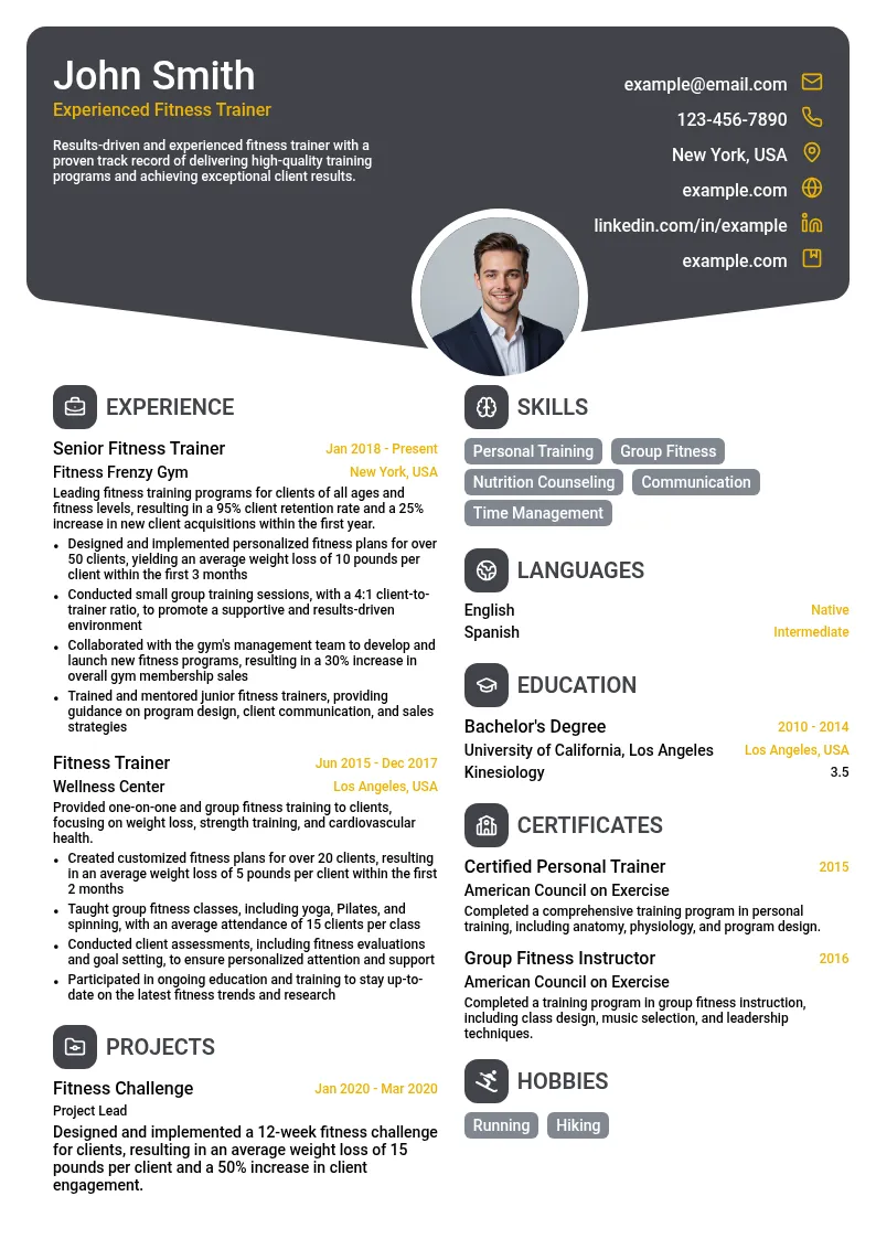 Experienced Fitness Trainer resume example