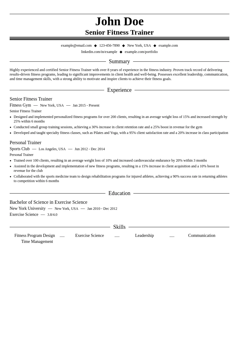 Senior Fitness Trainer resume example