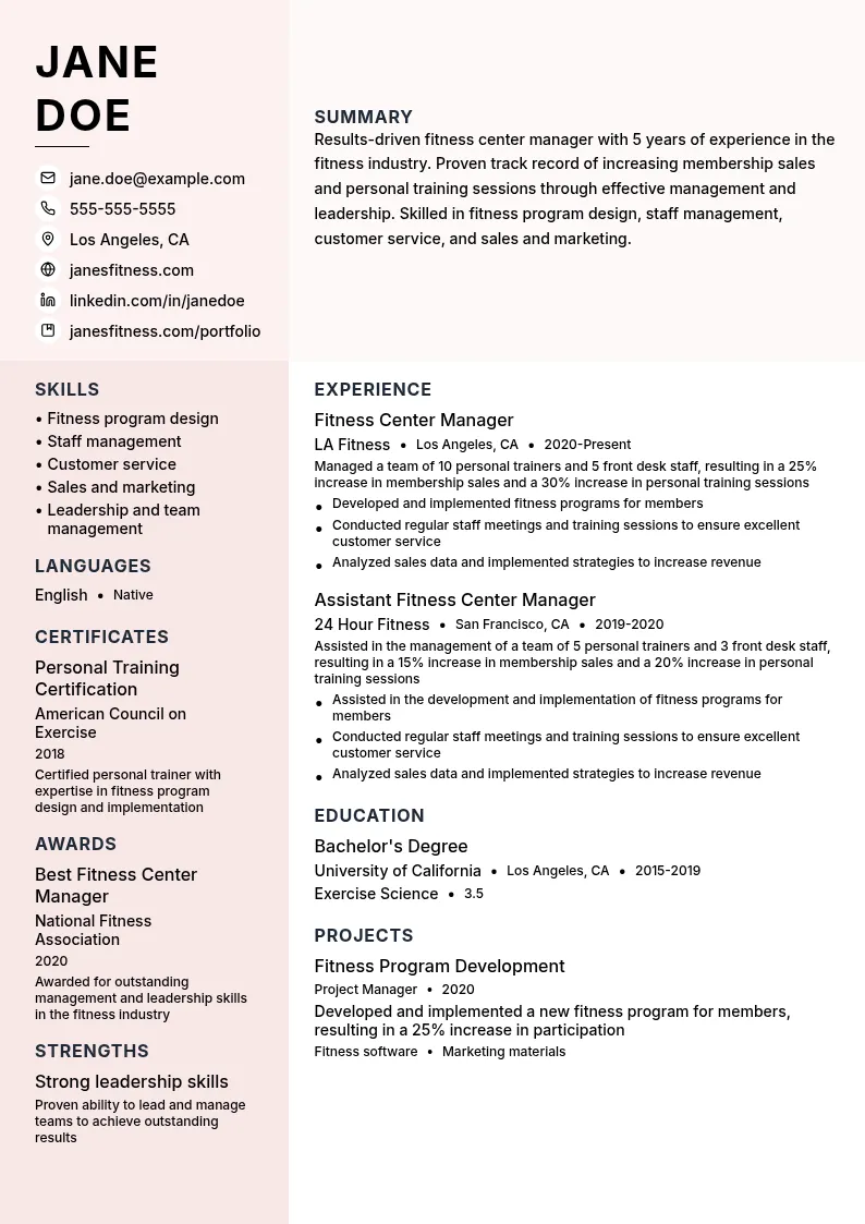 Fitness Center Manager resume example