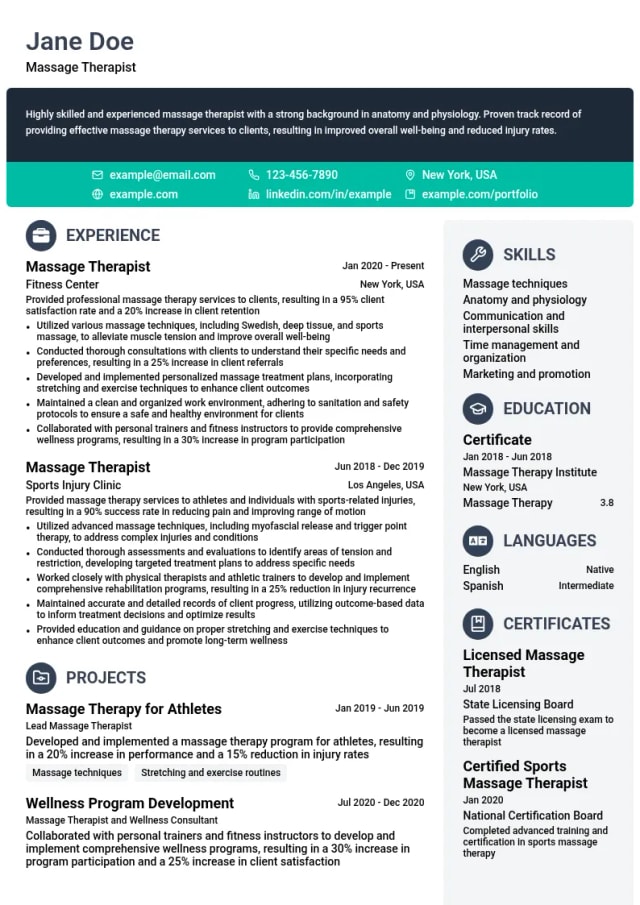 Massage Therapist for Fitness resume example