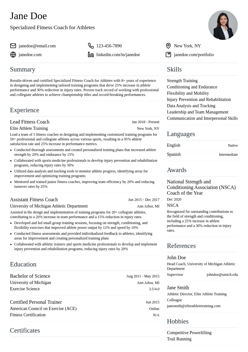 Specialized Fitness Coach for Athletes resume example