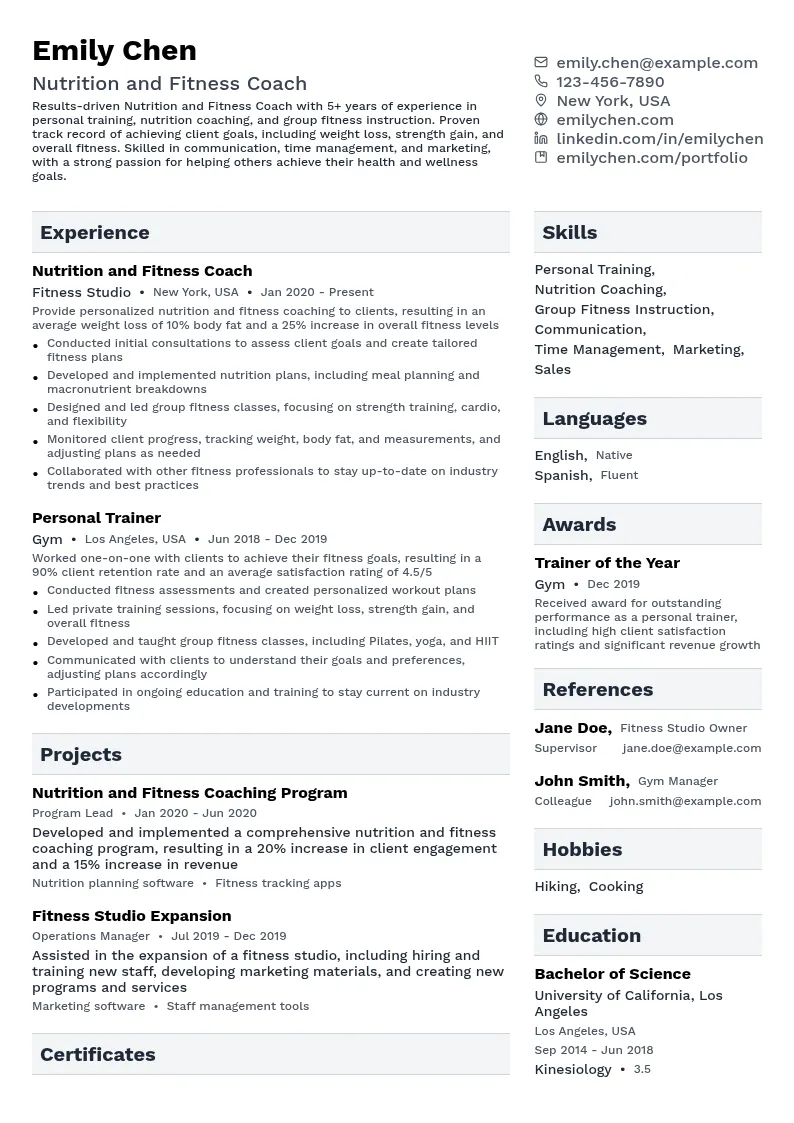 Nutrition and Fitness Coach resume example
