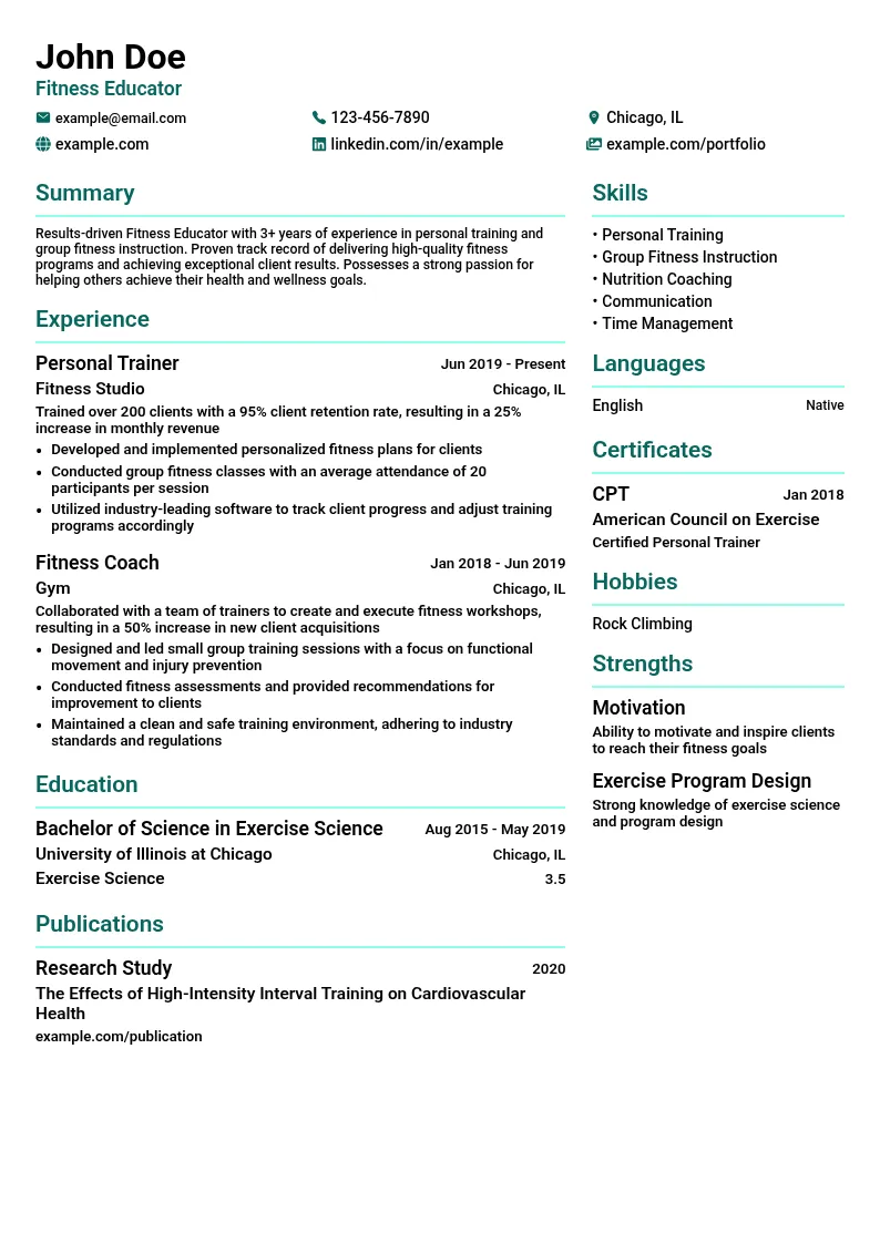 Fitness Educator resume example