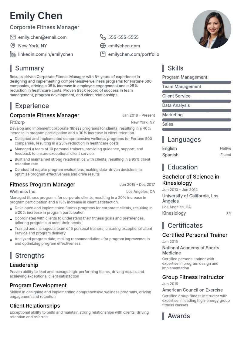 Corporate Fitness Manager resume example