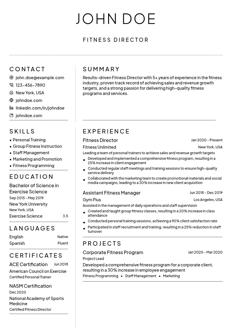 Fitnness Director resume example