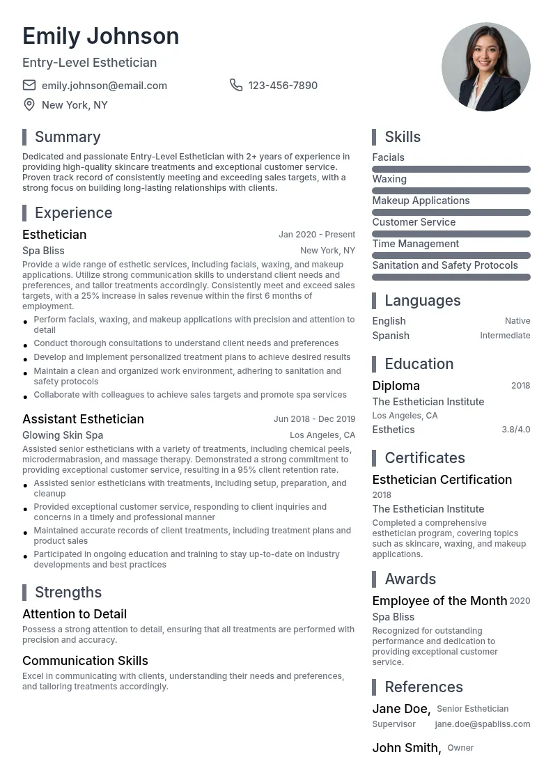 Entry-Level Esthetician resume example