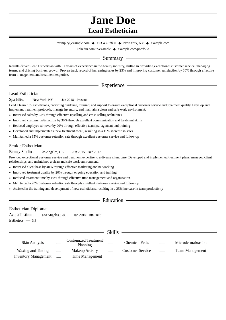Lead Esthetician resume example