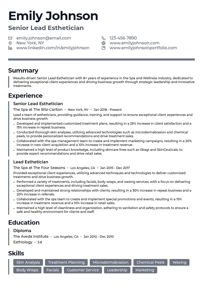Senior Lead Esthetician resume example