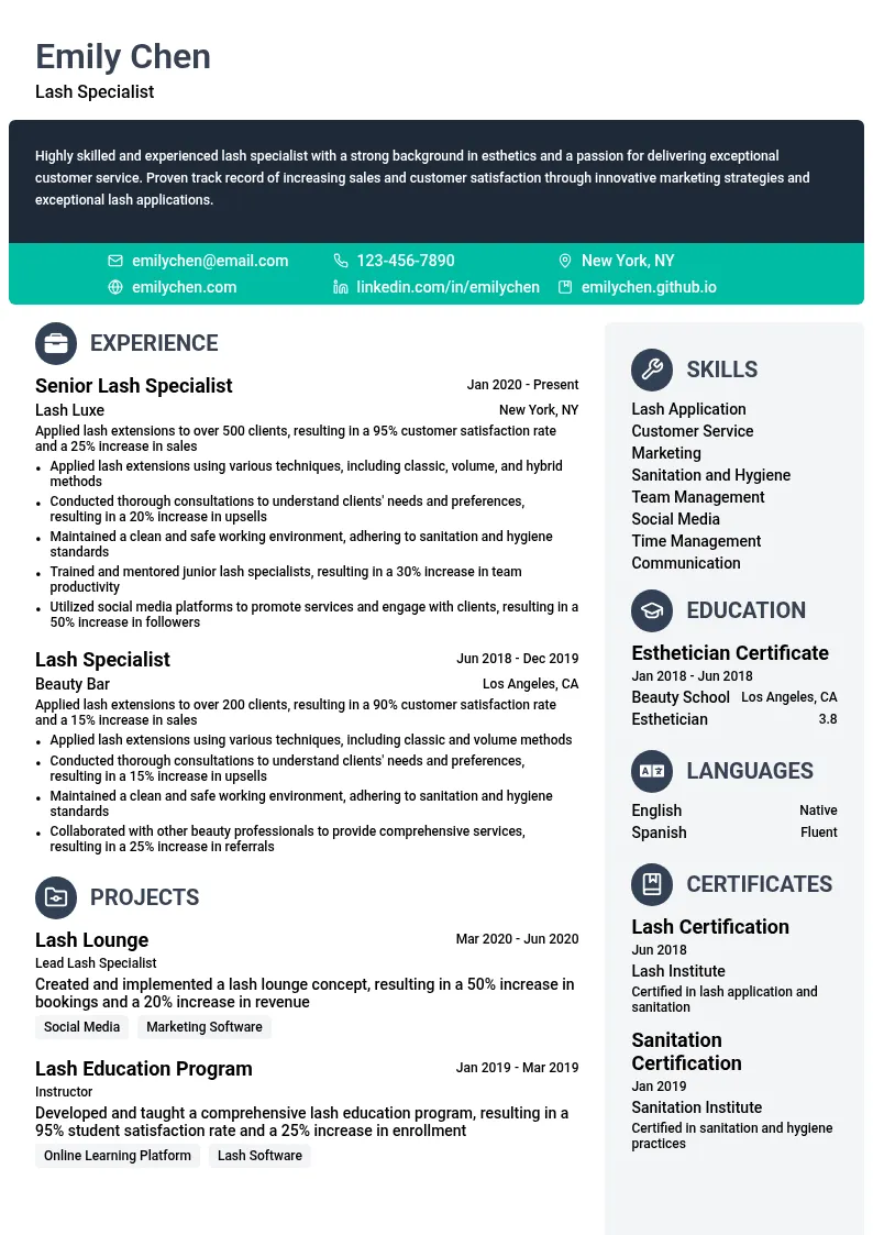 Lash Specialist resume example