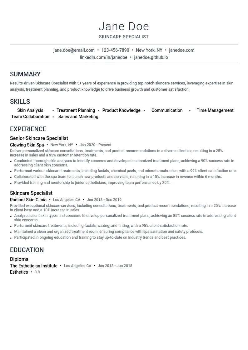 Skincare Specialist resume example