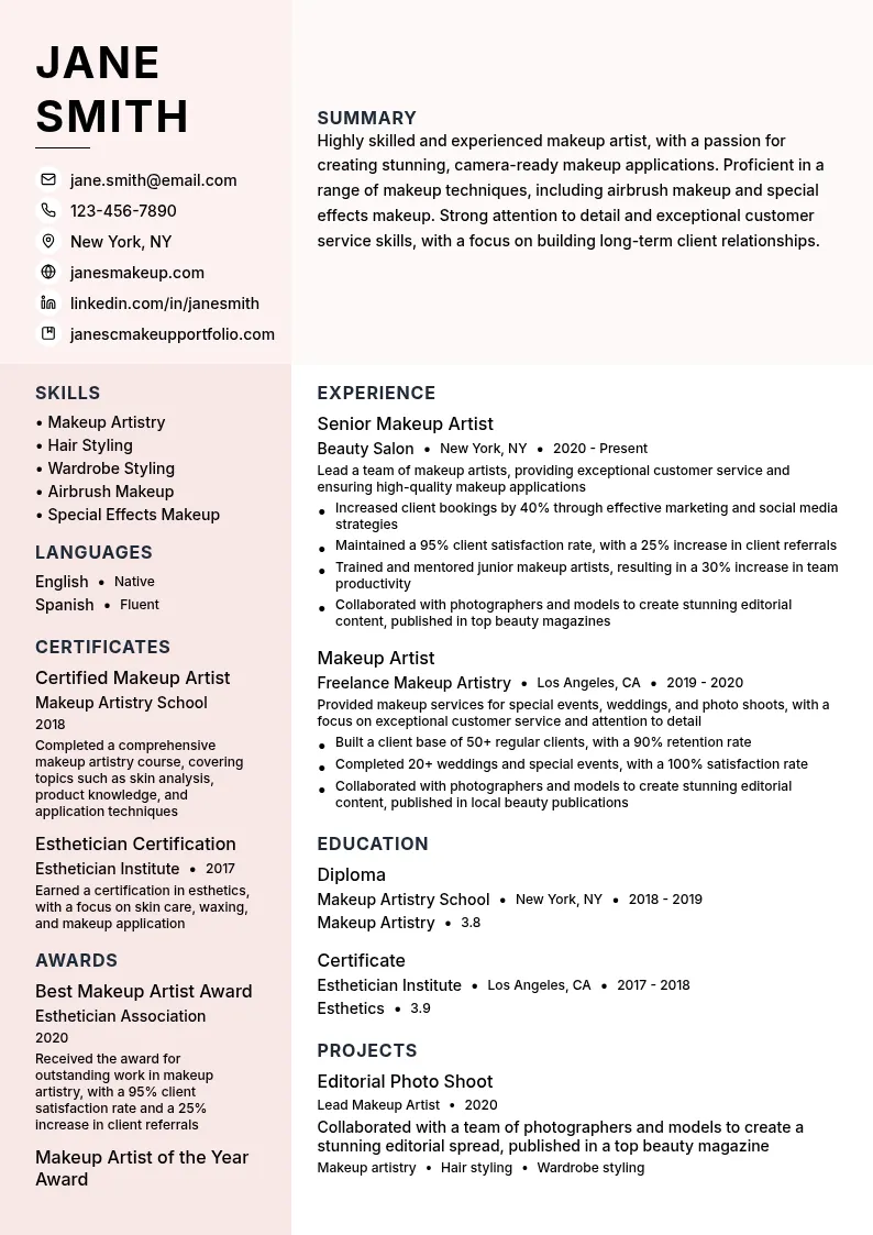 Makeup Artist Specialist resume example