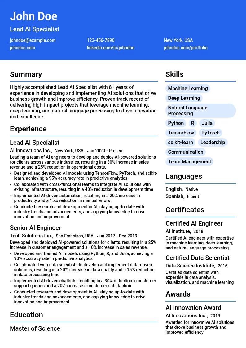 Lead AI Specialist resume example