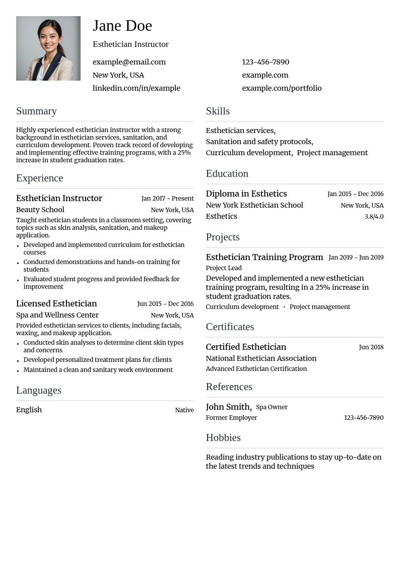 Esthetician Instructor resume example