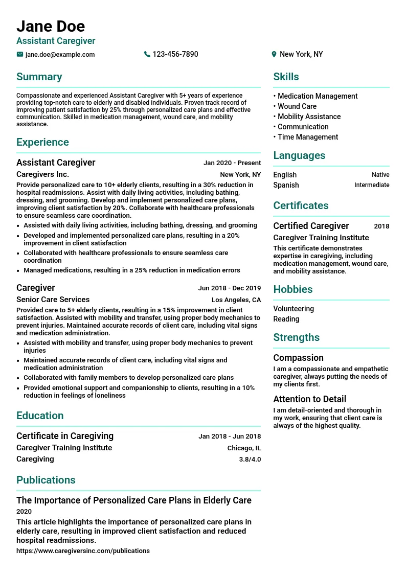 Assistant Caregiver resume example
