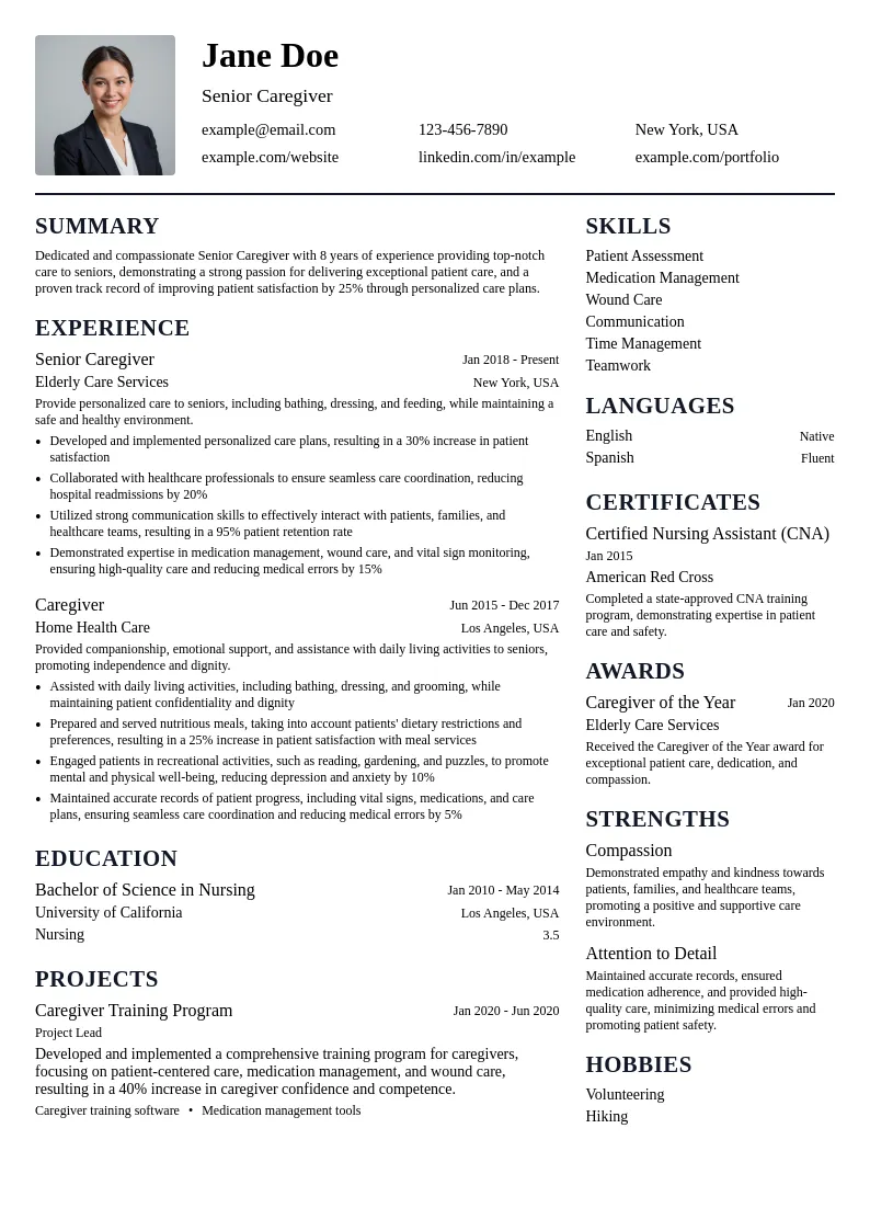Senior Caregiver resume example