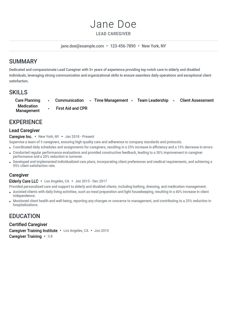 Lead Caregiver resume example