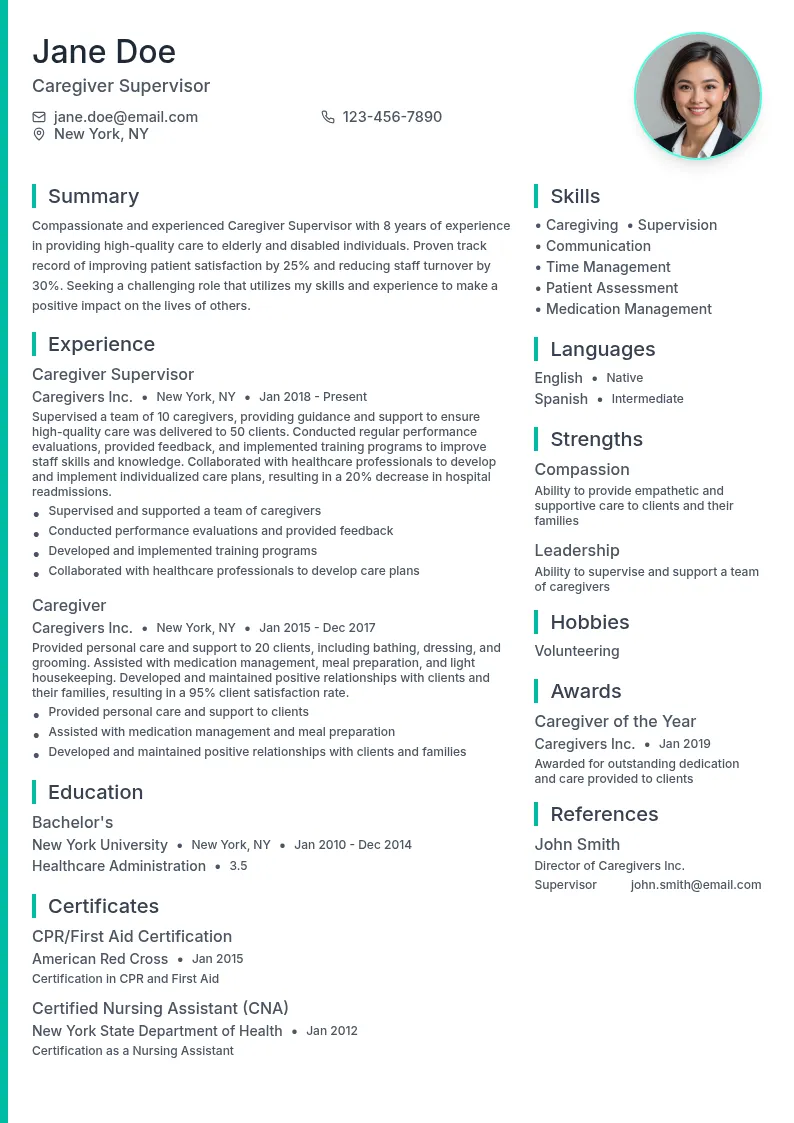 Caregiver Supervisor resume example