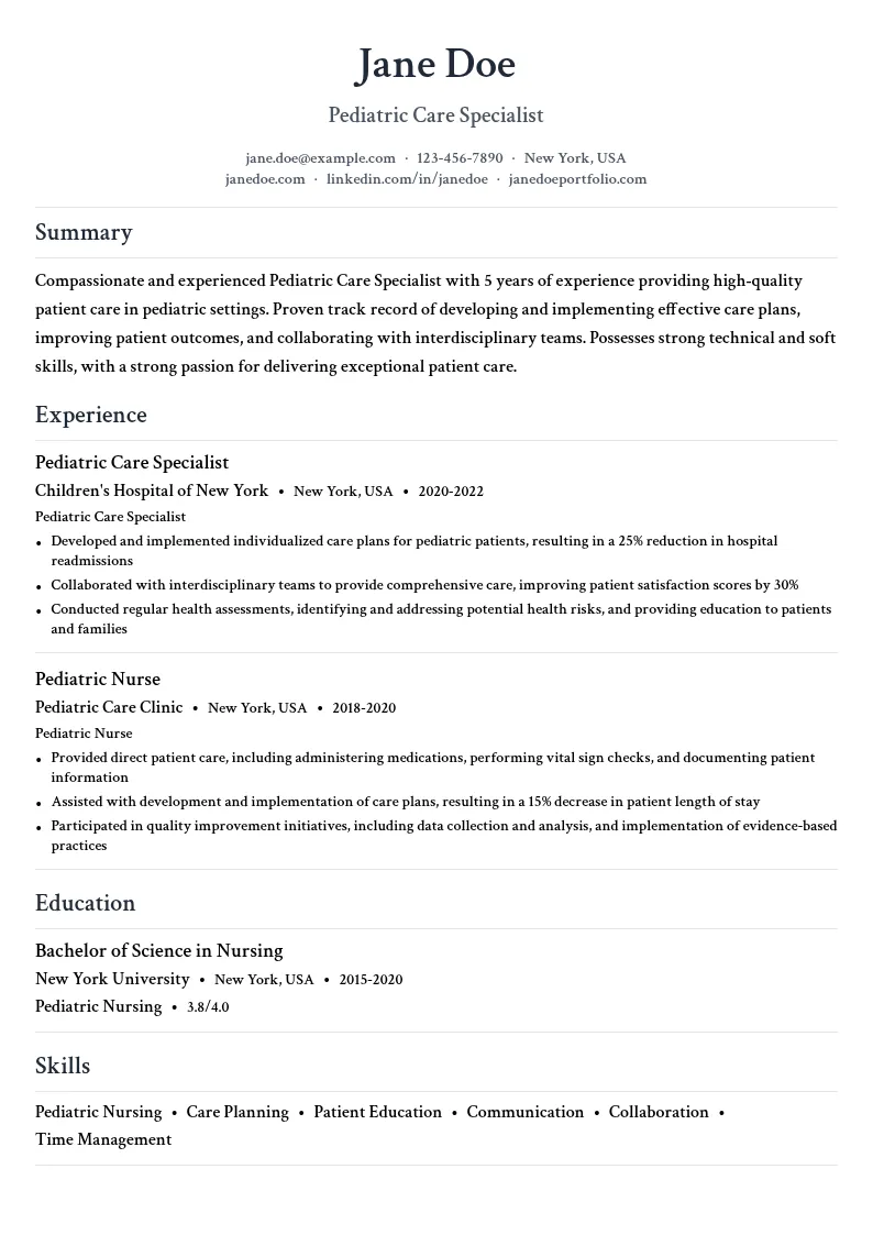 Pediatric Care Specialist resume example