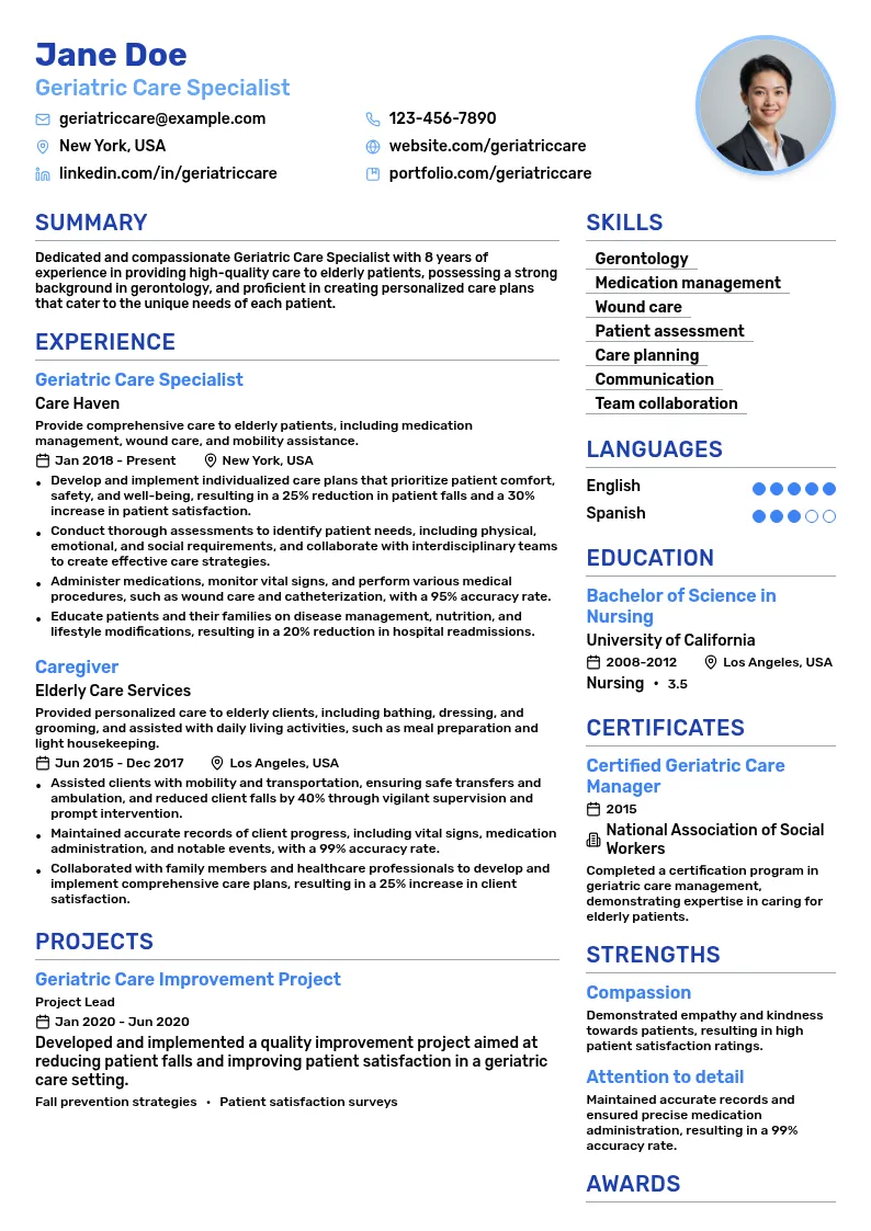 Geriatric Care Specialist resume example