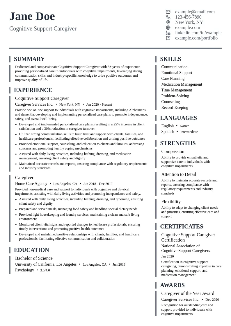 Cognitive Support Caregiver resume example