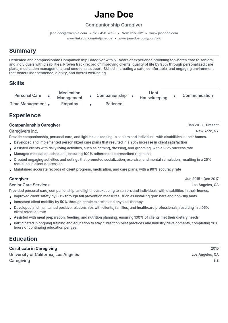 Companionship Caregiver resume example