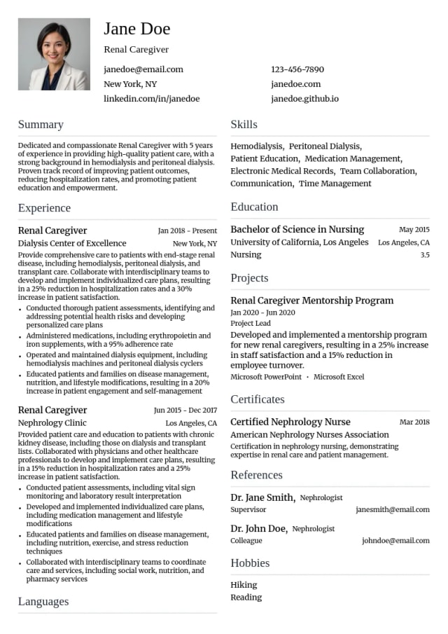 Renal Caregiver resume example