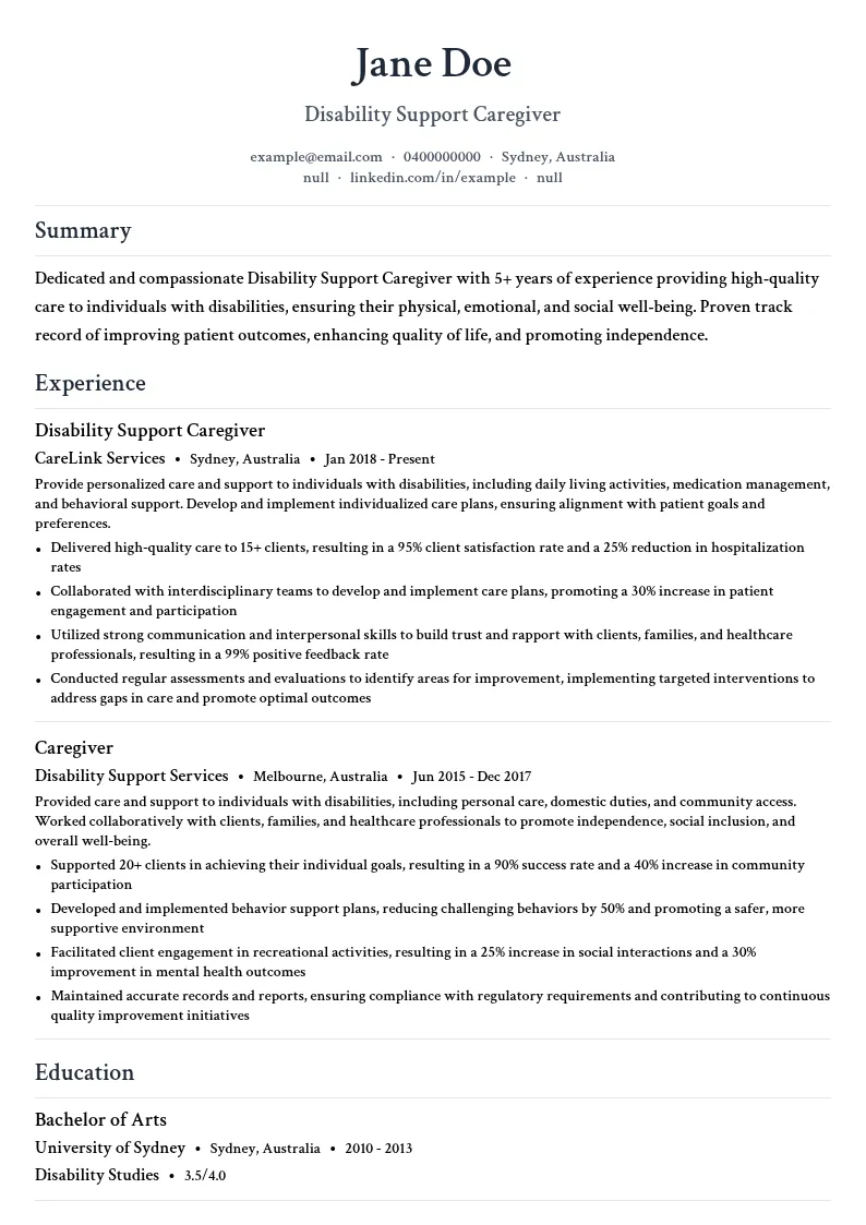Disability Support Caregiver resume example
