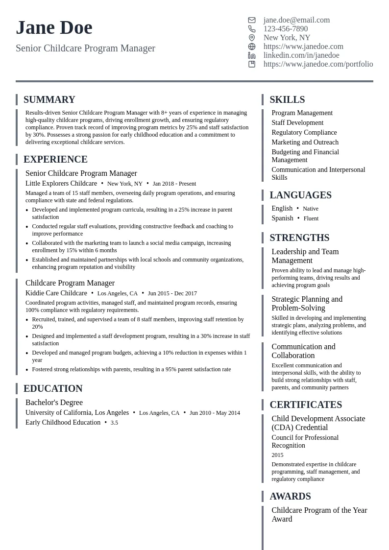 Senior Childcare Program Manager resume example