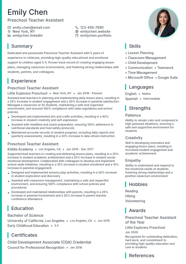 Preschool Teacher Assistant resume example