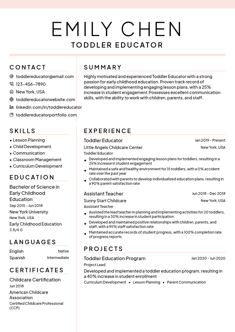 Toddler Educator resume example