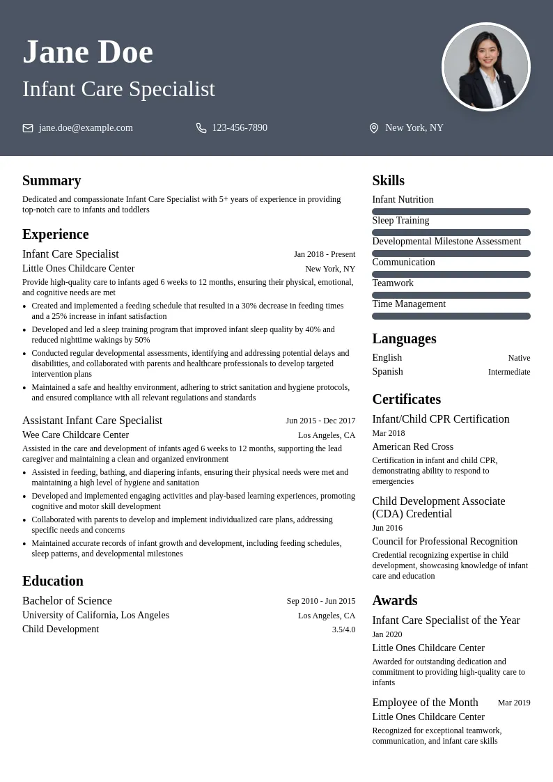 Infant Care Specialist resume example