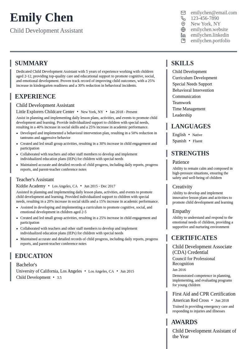 Child Development Assistant resume example