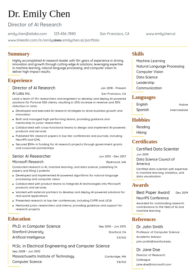 Director of AI Research resume example