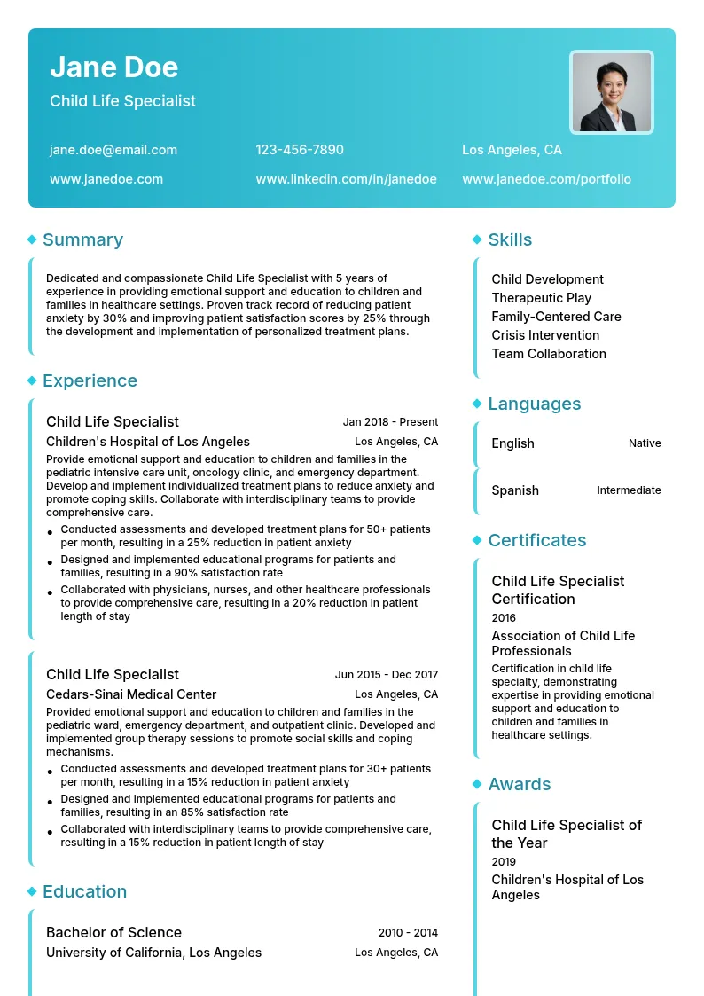 Child Life Specialist resume example