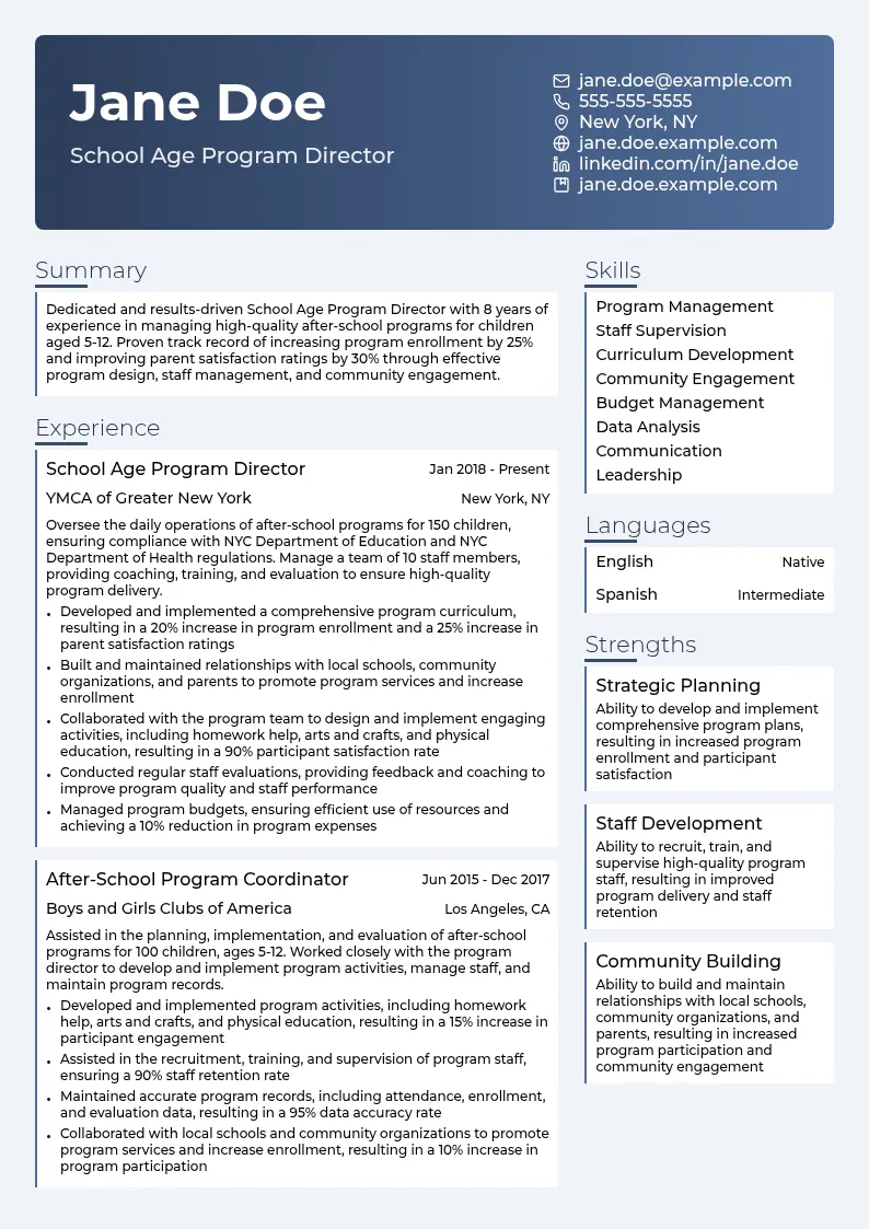 School Age Program Director resume example